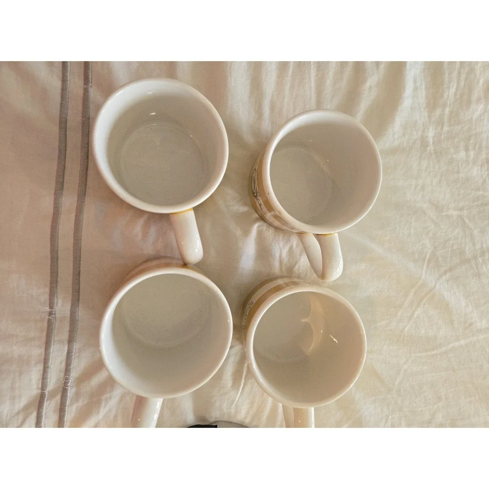 4 Williams Sonoma Mugs Dijon Stripe Gold White Coffee Shop Black Labels